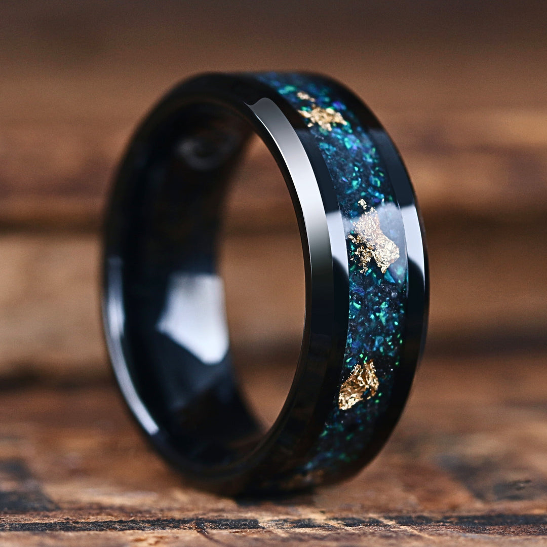 Blue Iron Ridge - Men's Black Plated Tungsten Wedding Band With Blue Crushed Stone and Gold Flakes