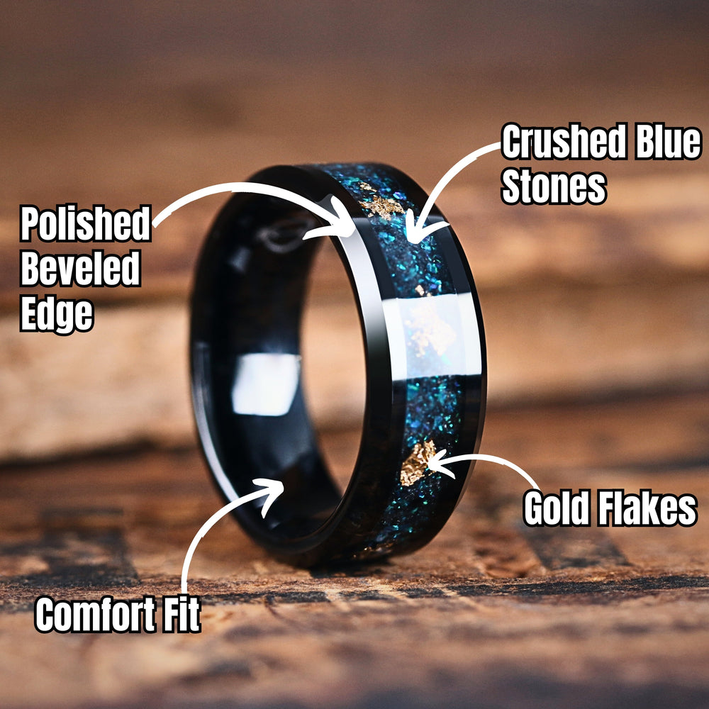 Blue Iron Ridge - Men's Black Plated Tungsten Wedding Band With Blue Crushed Stone and Gold Flakes