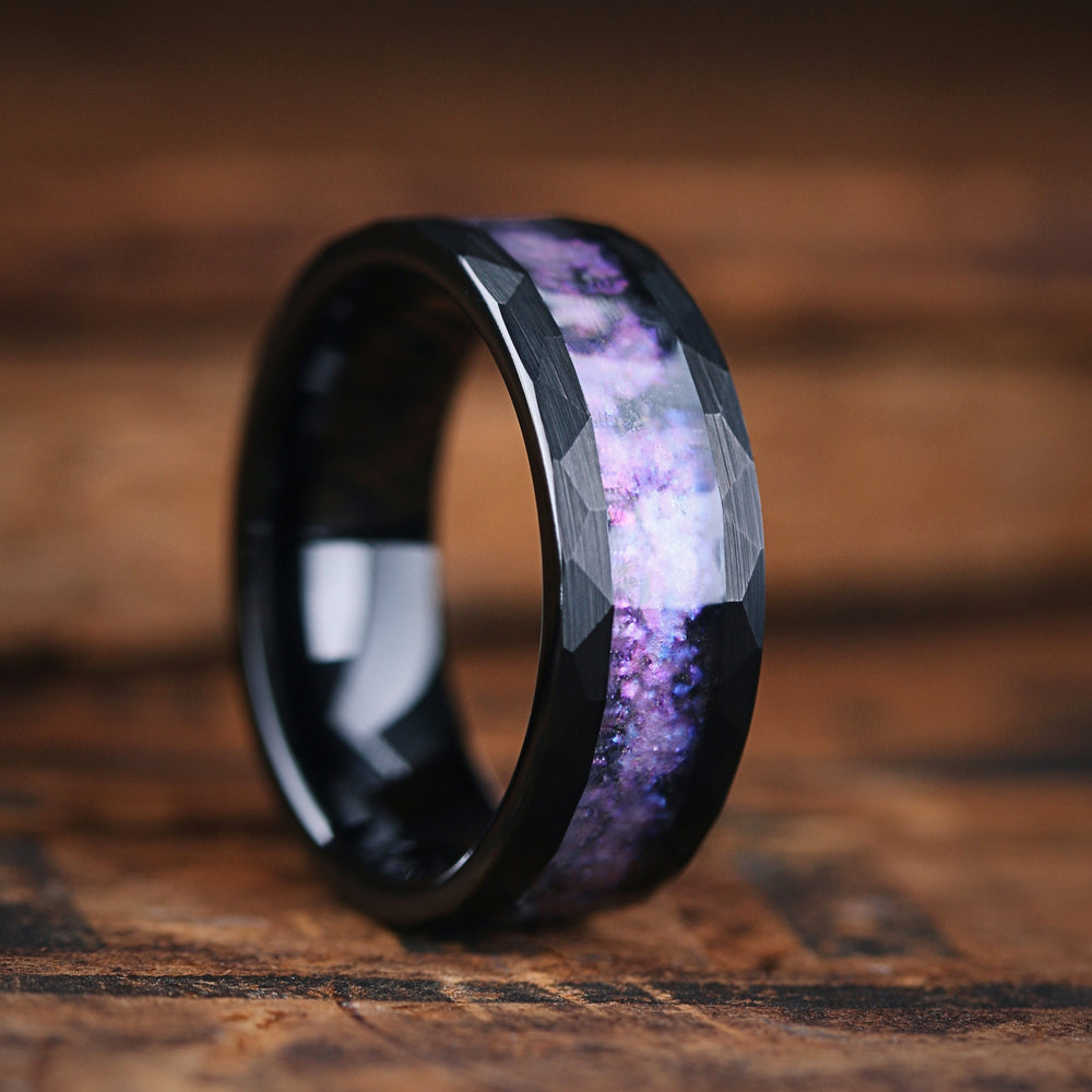 Men's Wedding Band With Purple and Crushed Blue Stones - Hammered Design: 8mm, Comfort Fit