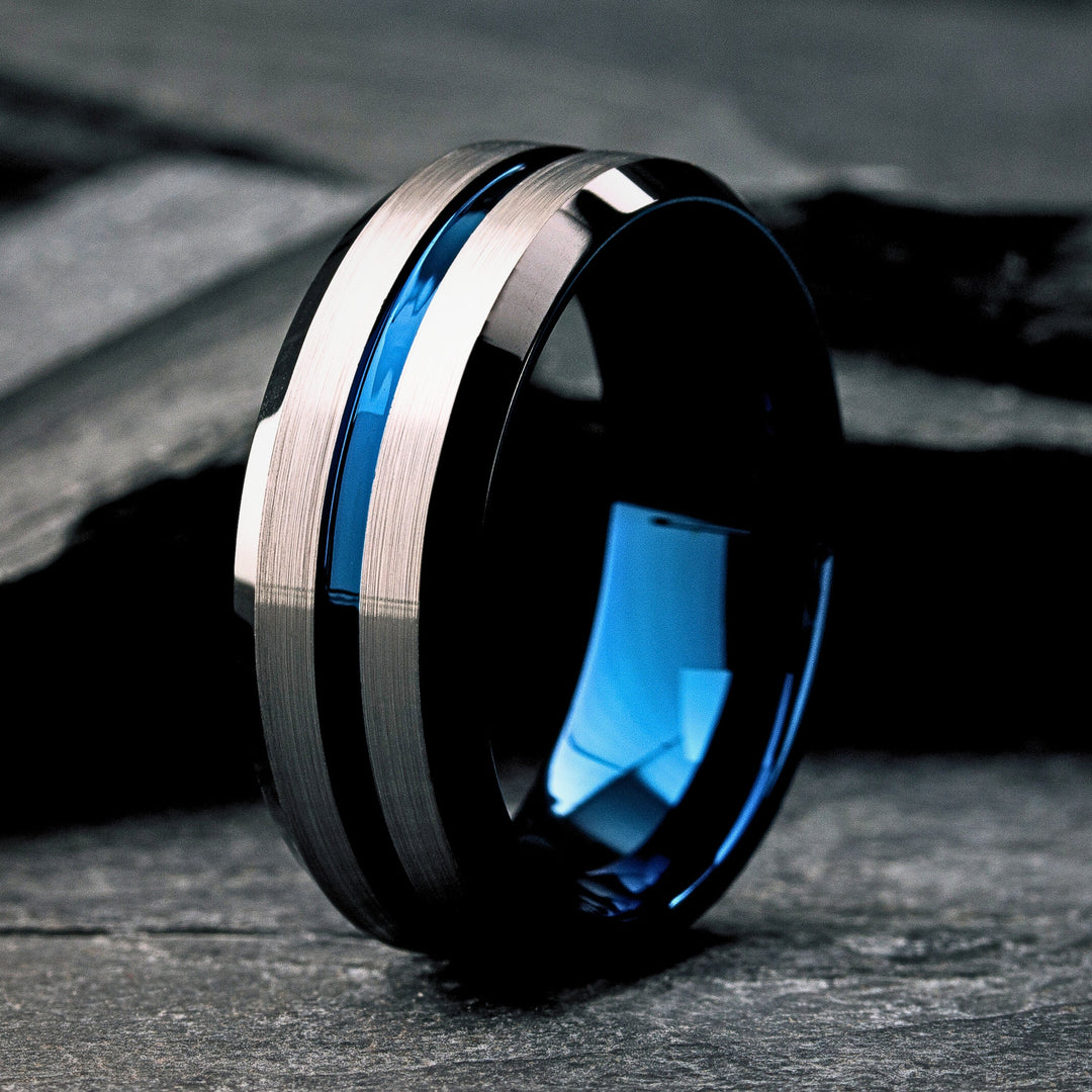 Mens Black, Silver, and Blue Tungsten Wedding Ring