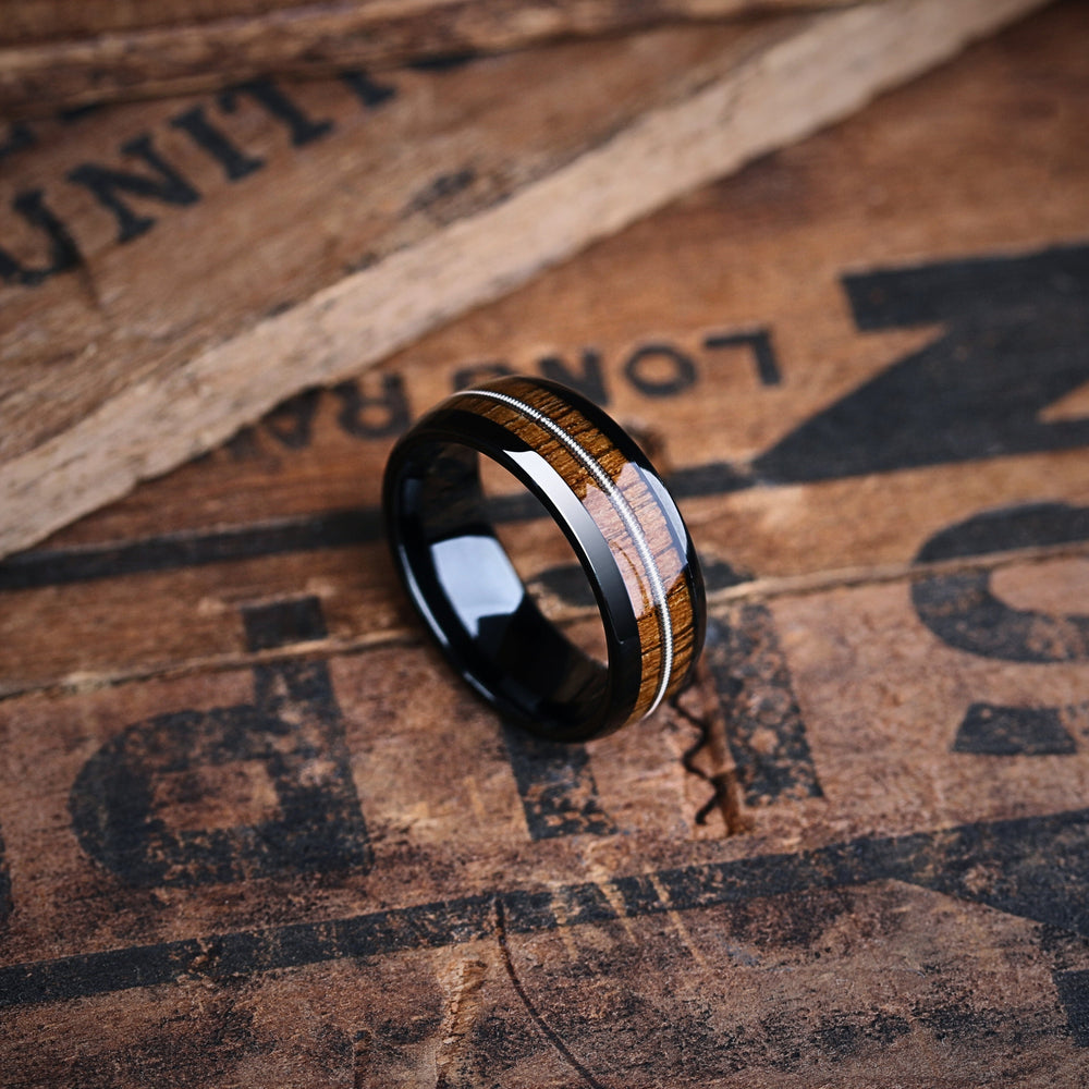 Men's Black Plated Tungsten Wedding Band With Wood and a Guitar String Inlay - 8mm Width, Comfort Fit_7