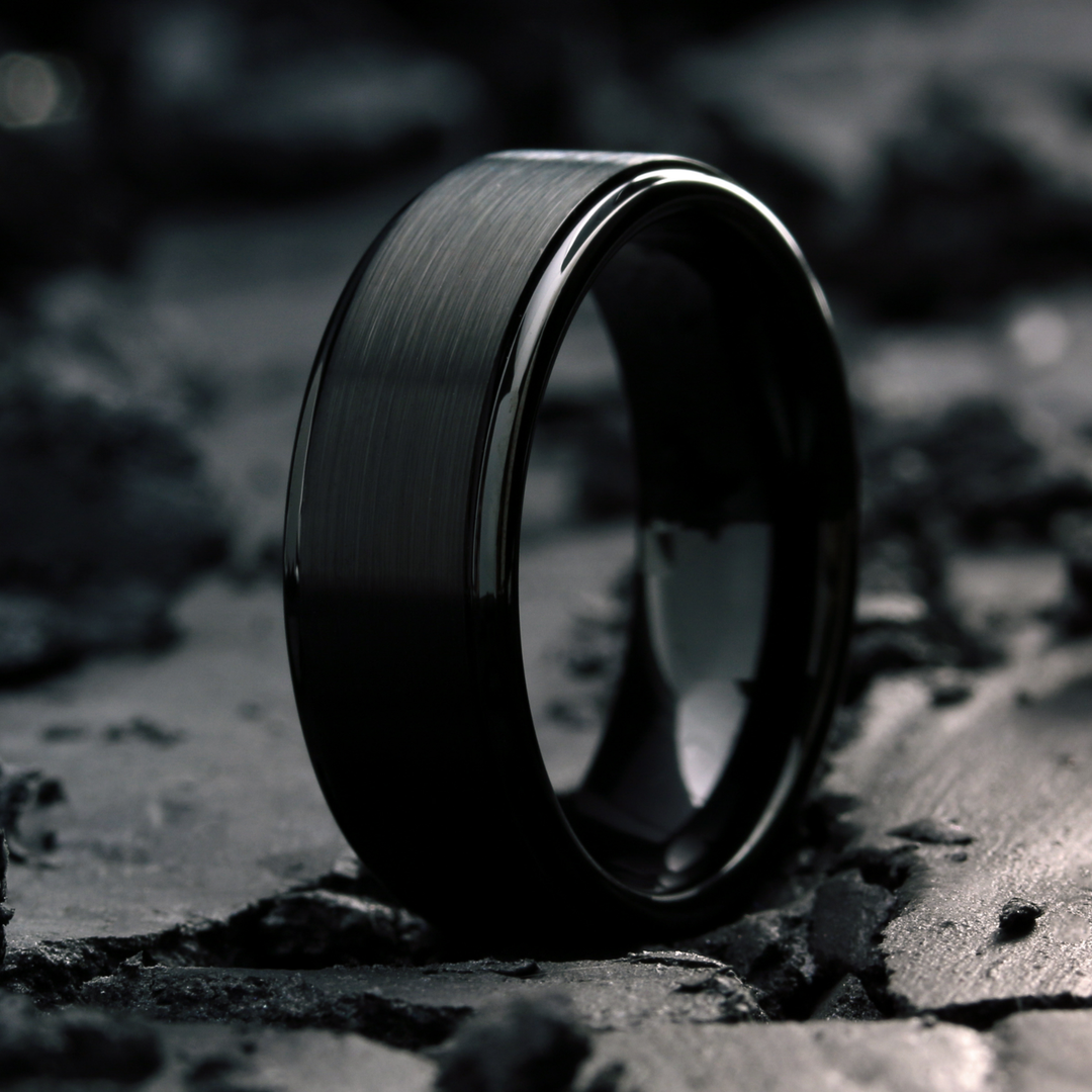 Men's Black Tungsten Wedding Band With Brushed Textured Top