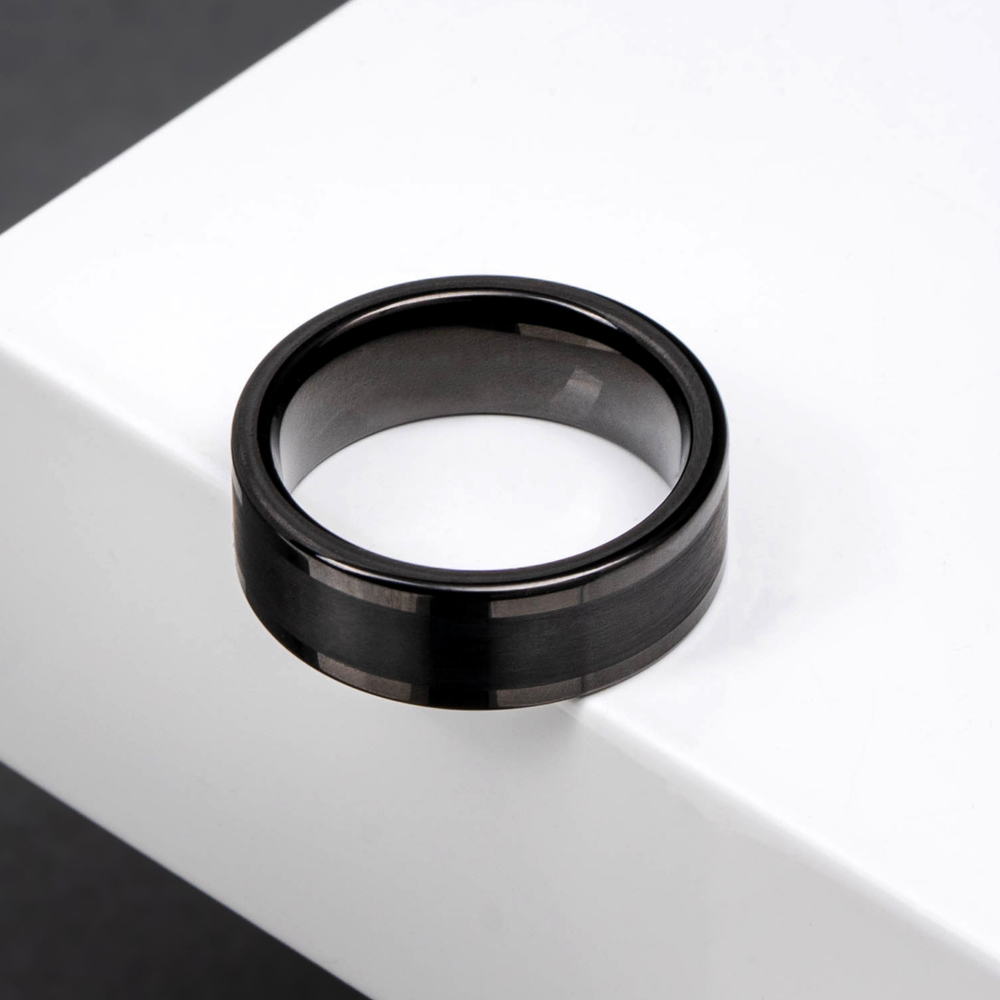 Men's Black Wedding Ring - Men's Modern Wedding Ring - Pipe Cut