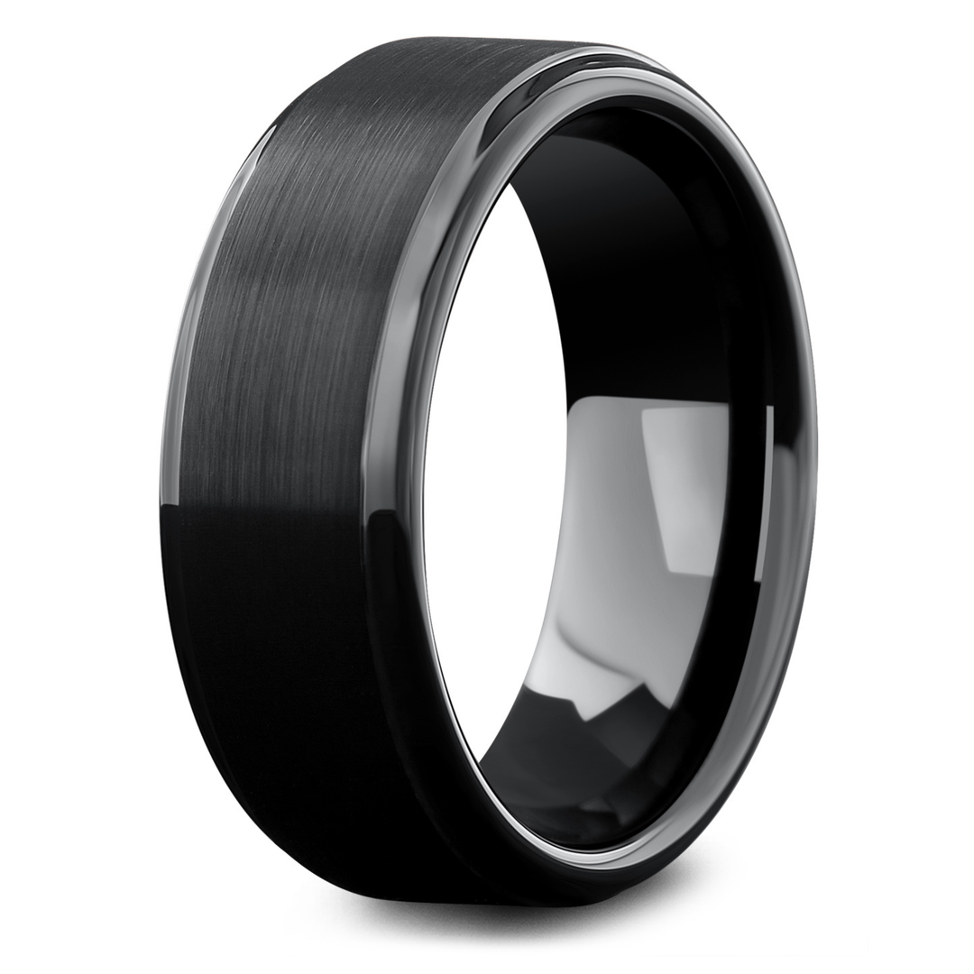 Men's Black Wedding Band With Step Down Edges - High Tech Ceramic 2